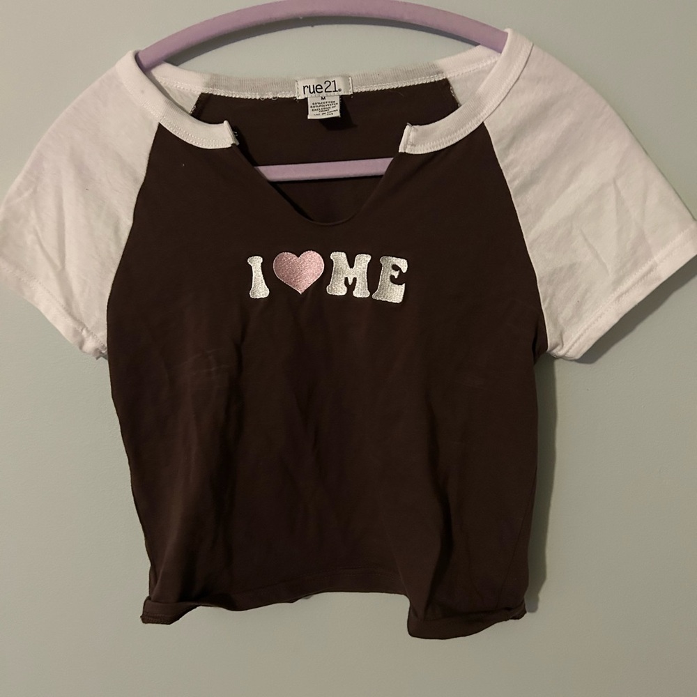Brown and white Rue 21 “I love me” crop top